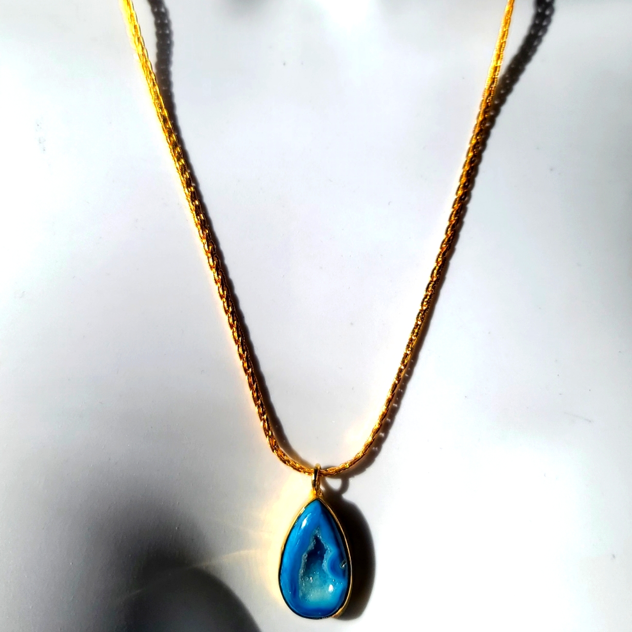 Turquoise Agate Crystal Sterling &Gold Necklace